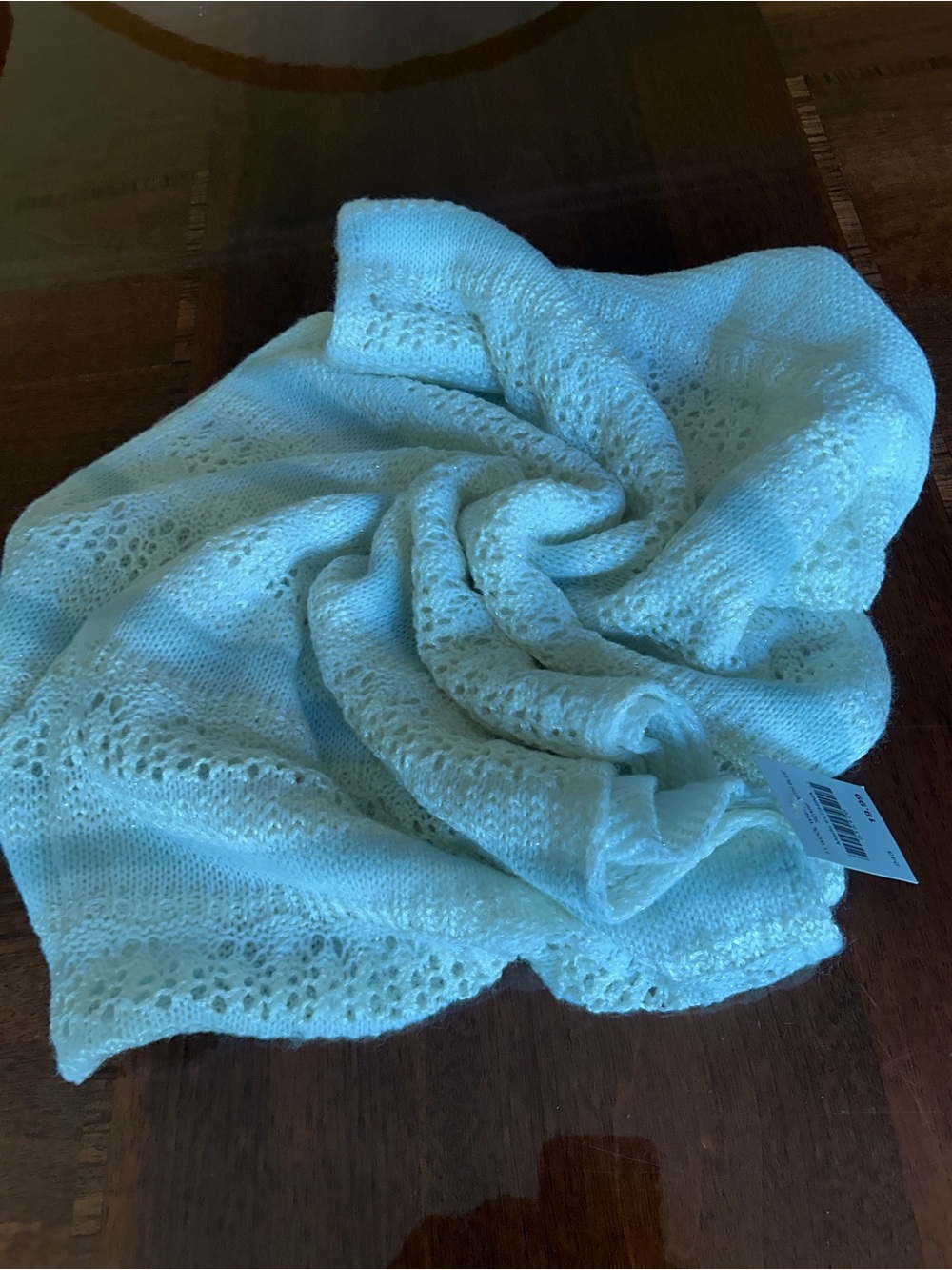 White & Light Blue Knit Lace-Edge Wrap Scarf - Women wool New with tag